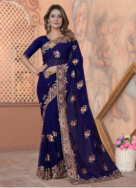 Majesty Blue Embroidered Georgette Trendy Saree