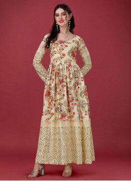 Majesty Digital Print Cream Silk Designer Gown