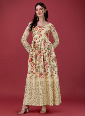 Majesty Digital Print Cream Silk Designer Gown