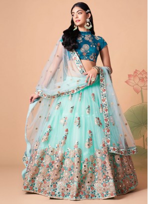 Majesty Embroidered Aqua Blue Trendy Lehenga Choli