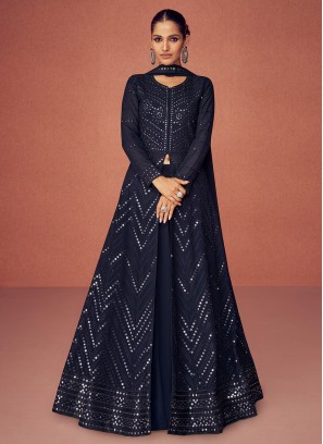 Majesty Embroidered Navy Blue A Line Lehenga Choli