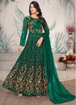 Majesty Embroidered Net Green Anarkali Salwar Suit