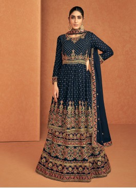 Majesty Faux Georgette Embroidered Navy Blue Readymade Lehenga Choli