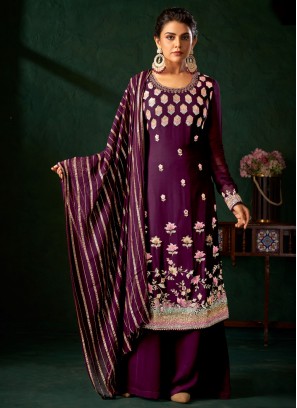 Majesty Georgette Purple Embroidered Palazzo Salwar Suit