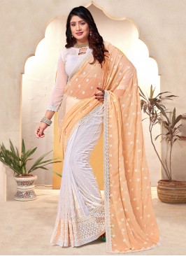 Majesty Georgette Resham White and Yellow Classic Saree