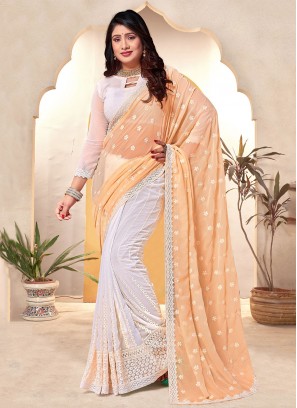 Majesty Georgette Resham White and Yellow Classic Saree