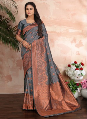 Majesty Grey Banarasi Silk Classic Saree