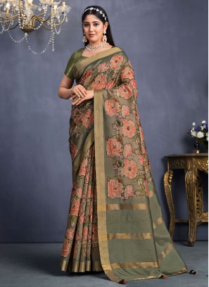 Majesty Tussar Silk Floral Print Contemporary Style Saree