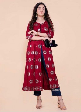 Maron Color Rayon Front Cut Style Kurti