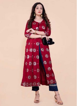 Maron Color Rayon Front Cut Style Kurti