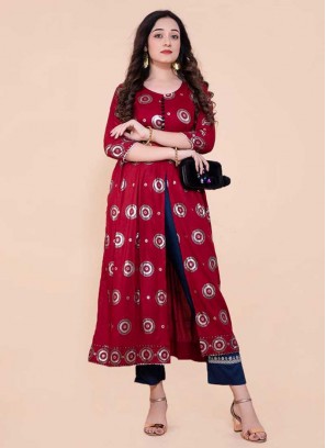 Maron Color Rayon Front Cut Style Kurti