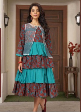 Maroon And Blue Color Rayon Kurti With Koti