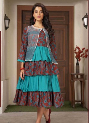 Maroon And Blue Color Rayon Kurti With Koti