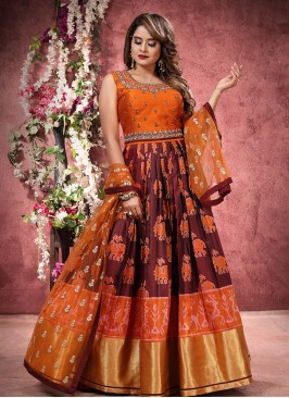 Maroon And Orange Color Silk Floor Length Suit