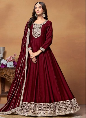 Maroon Art Silk Sangeet Anarkali Salwar Kameez