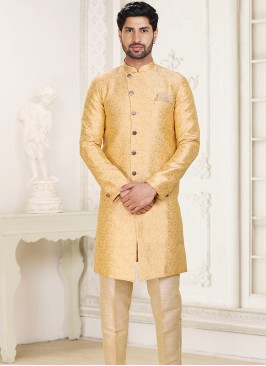 Baige Banarasi Jacquard Indo Western Ensemble with Gold Aligadhi Pant.