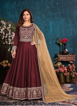 Maroon Color Art Silk Embroidered Anarkali Suit