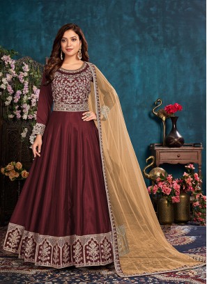 Maroon Color Art Silk Embroidered Anarkali Suit