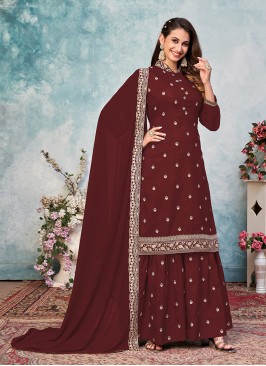 Maroon Color Art Silk Embroidered Sharara Suit