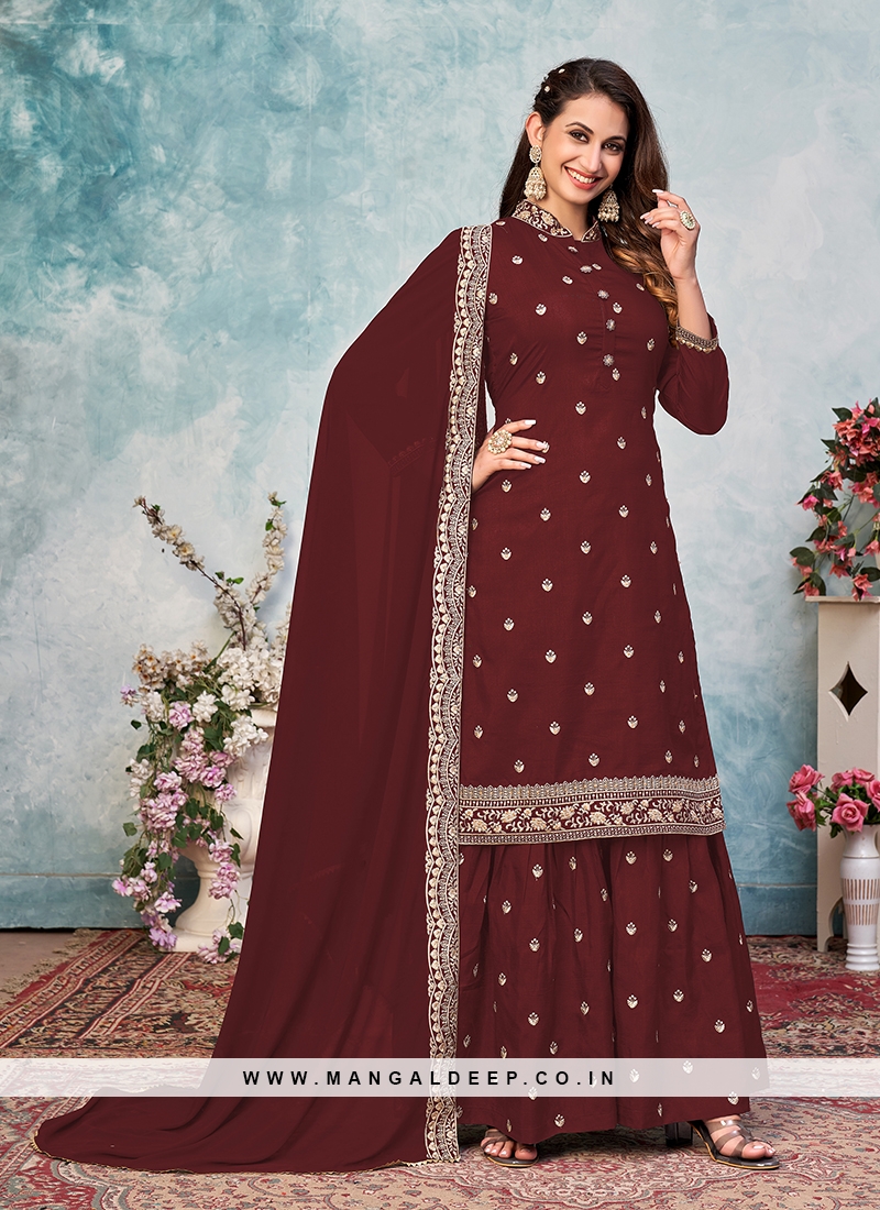 Maroon Color Art Silk Embroidered Sharara Suit