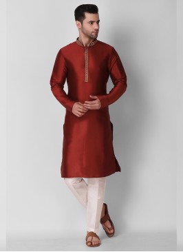 Maroon Color Art Silk Fancy Mens Kurta Set