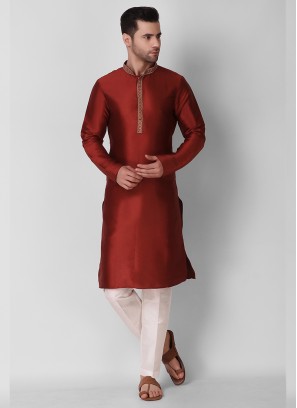 Maroon Color Art Silk Fancy Mens Kurta Set