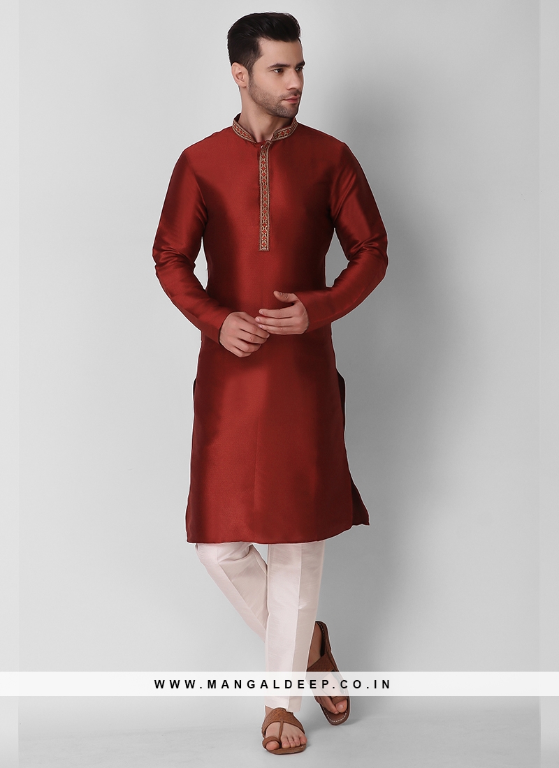 Maroon Color Art Silk Fancy Mens Kurta Set