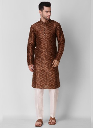 Maroon Color Art Silk Print Mens Kurta Set