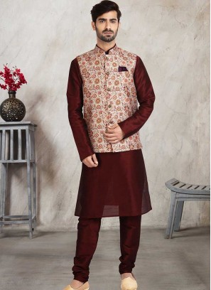 Maroon Color Banarasi Silk Kurta With Jacket For Mens