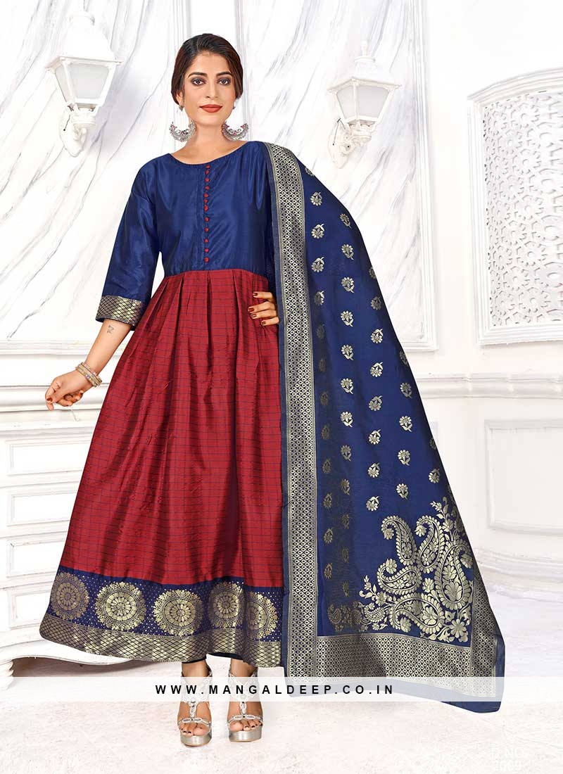 Red Banarasi Silk Zari Butta Design Stitched Kurti with Dupatta