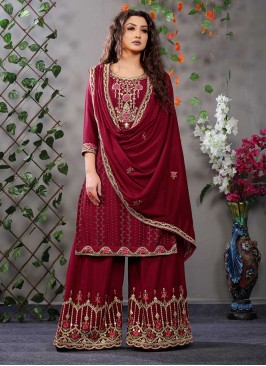 Maroon Color Chinnon Embroidered Palazzo Suit