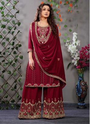 Maroon Color Chinnon Embroidered Palazzo Suit