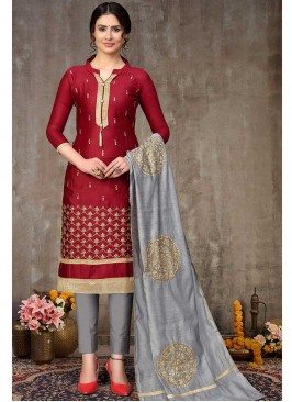 Maroon Color Cotton Embroidered Dress