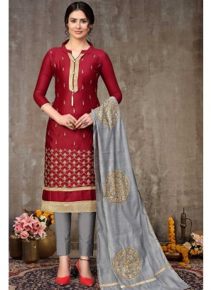 Maroon Color Cotton Embroidered Dress