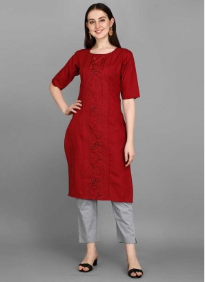 Maroon Color Cotton Embroidered Kurti