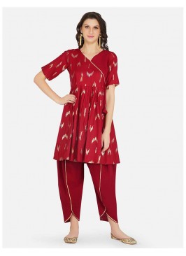 Maroon Color Cotton Kurti With Bottom