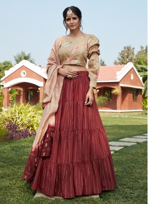 Maroon Color Cotton Weaving Work Lehenga