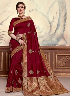 Maroon Color Designer Saree With Unstitched Blouse