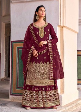 Maroon Color Dola Jacquard Palazzo Suit