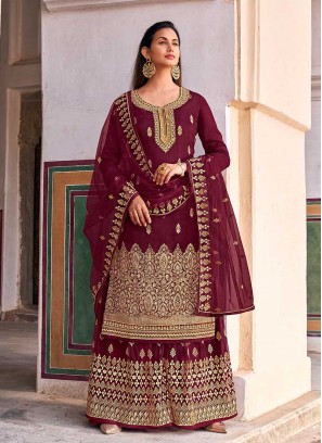 Maroon Color Dola Jacquard Palazzo Suit