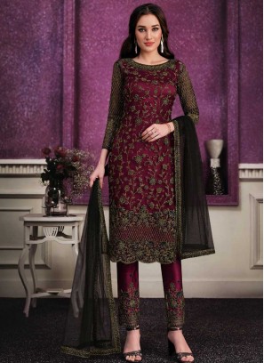 Maroon Color Embroidered Net Salwar Suit