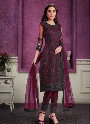 Maroon Color Embroidered Net Suit