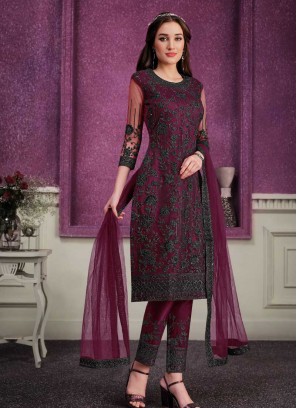 Maroon Color Embroidered Net Suit