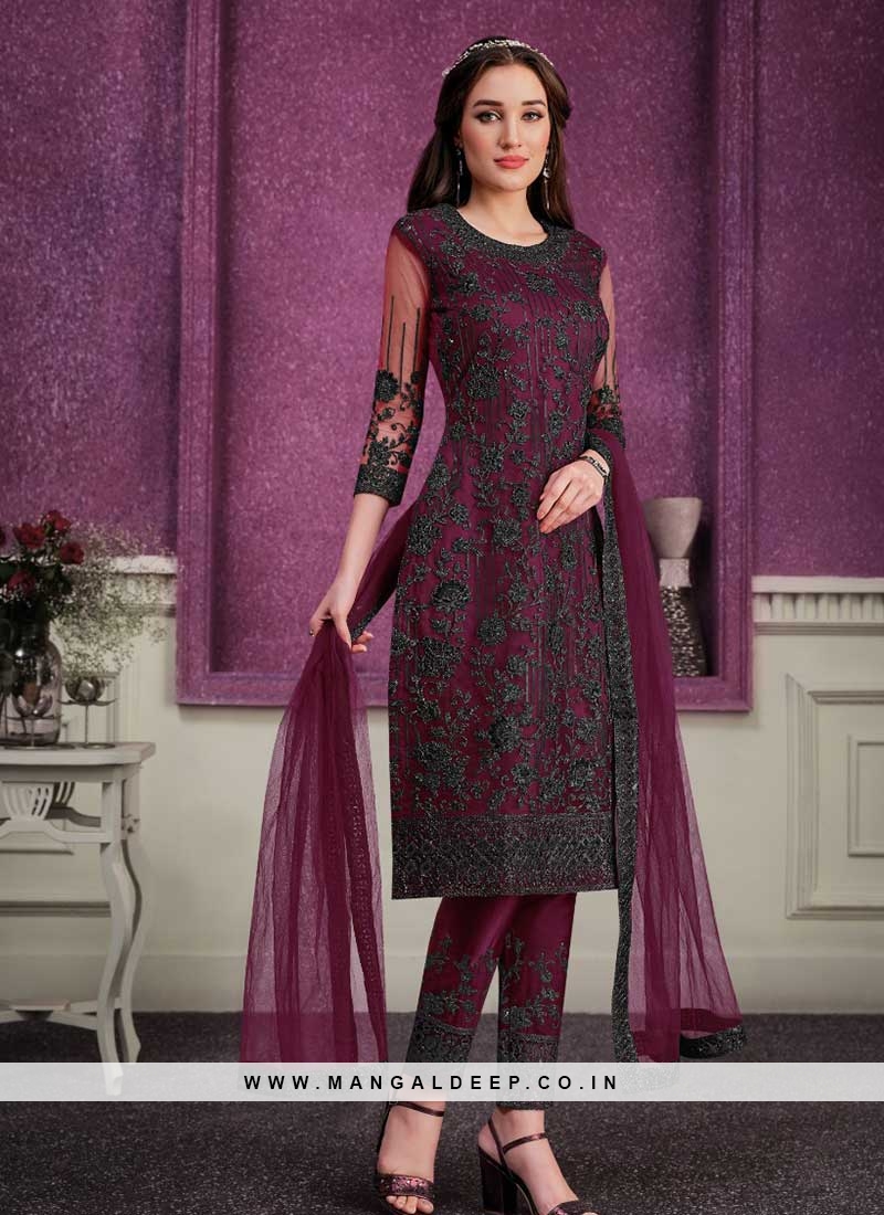 Maroon Color Embroidered Net Suit
