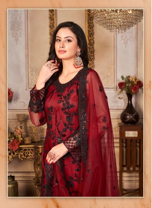 Maroon Color Embroidered Work Net Semi Stitched Suit