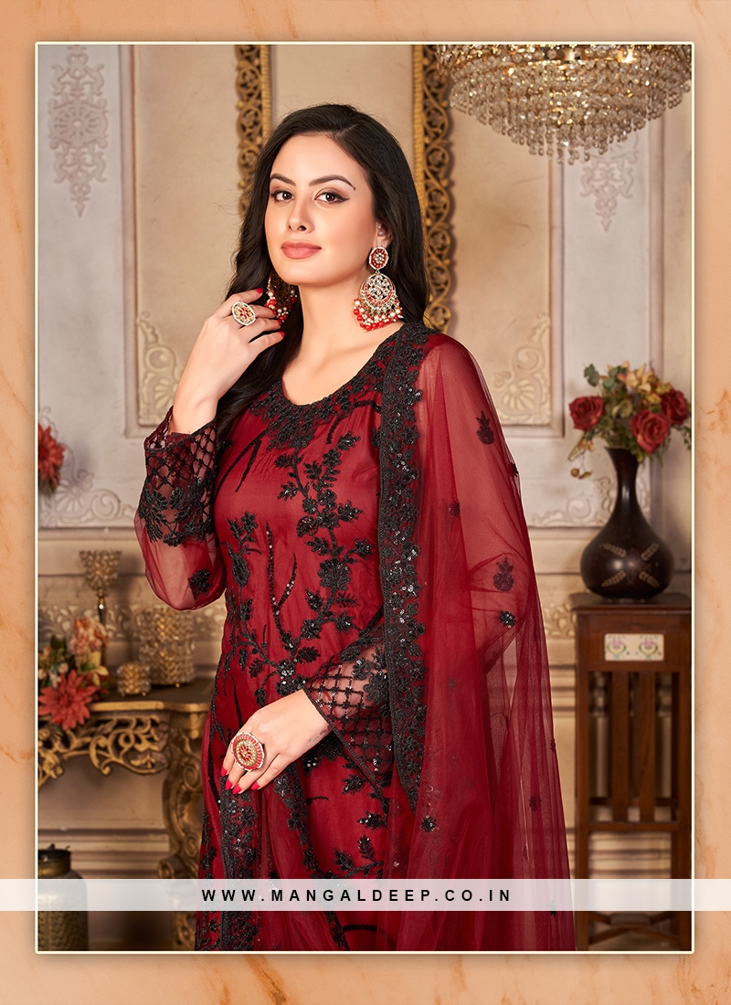 Maroon Color Embroidered Work Net Semi Stitched Suit
