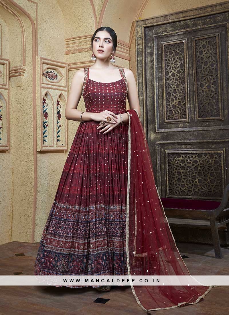 Fancy Lifestyle Net With Soft Silk Inner Semi-Stitched Designer Gown  Material for women (Red) - Fshoppers