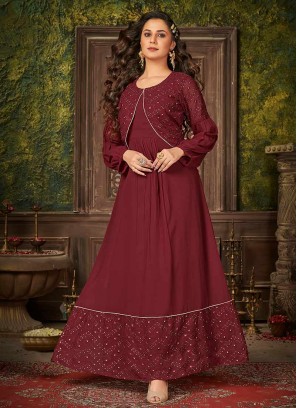 Maroon Color Georegtte Festive Wear Gown