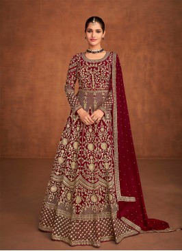 Maroon Color Georgette Embroidered Long Dress