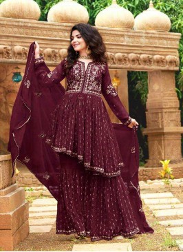 Maroon Color Georgette Embroidered Sharara Suit